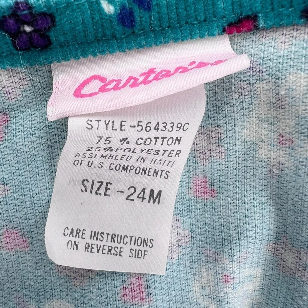 Vintage 90s Carters Toddler Girls Teal‎ Floral Corduroy Overalls Heart Print 24M